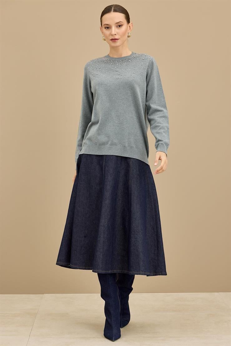 Boncuk İşlemeli Bluz GRİ MELANJ