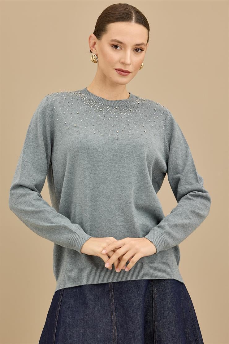 Boncuk İşlemeli Bluz GRİ MELANJ