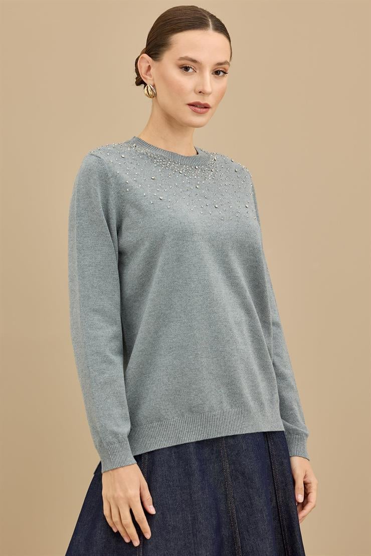 Boncuk İşlemeli Bluz GRİ MELANJ