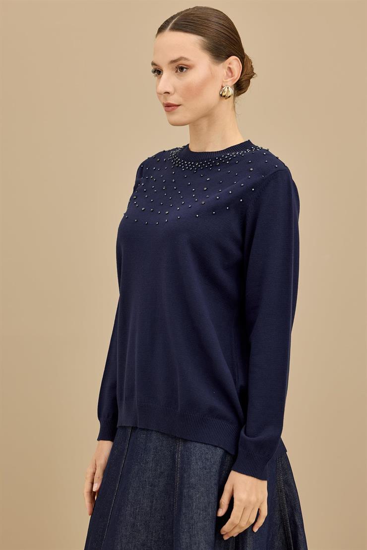 Boncuk İşlemeli Bluz LACİVERT