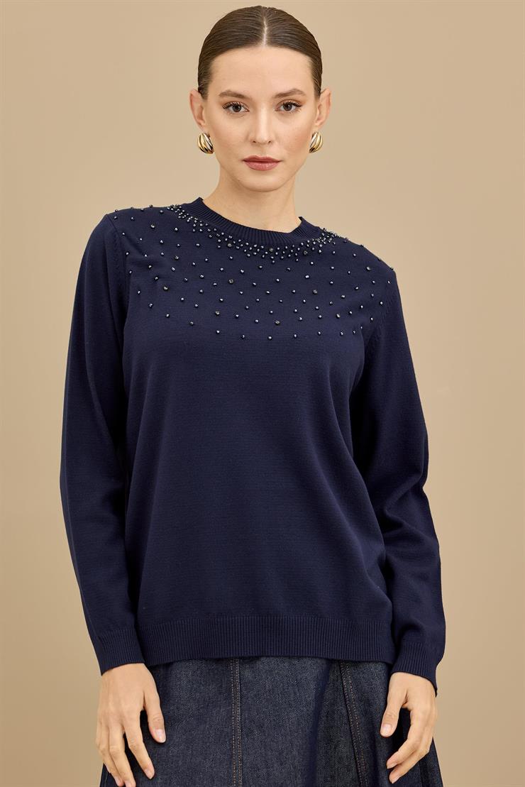 Boncuk İşlemeli Bluz LACİVERT