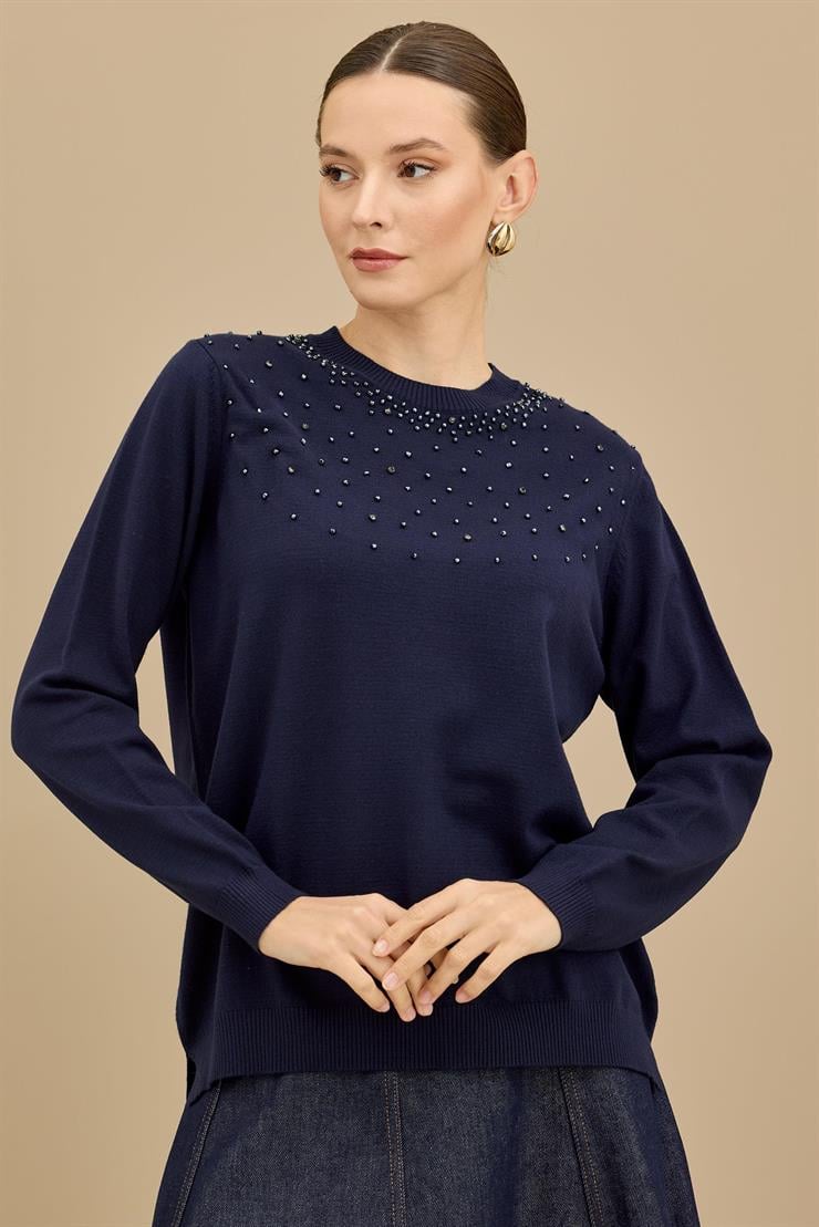 Boncuk İşlemeli Bluz LACİVERT