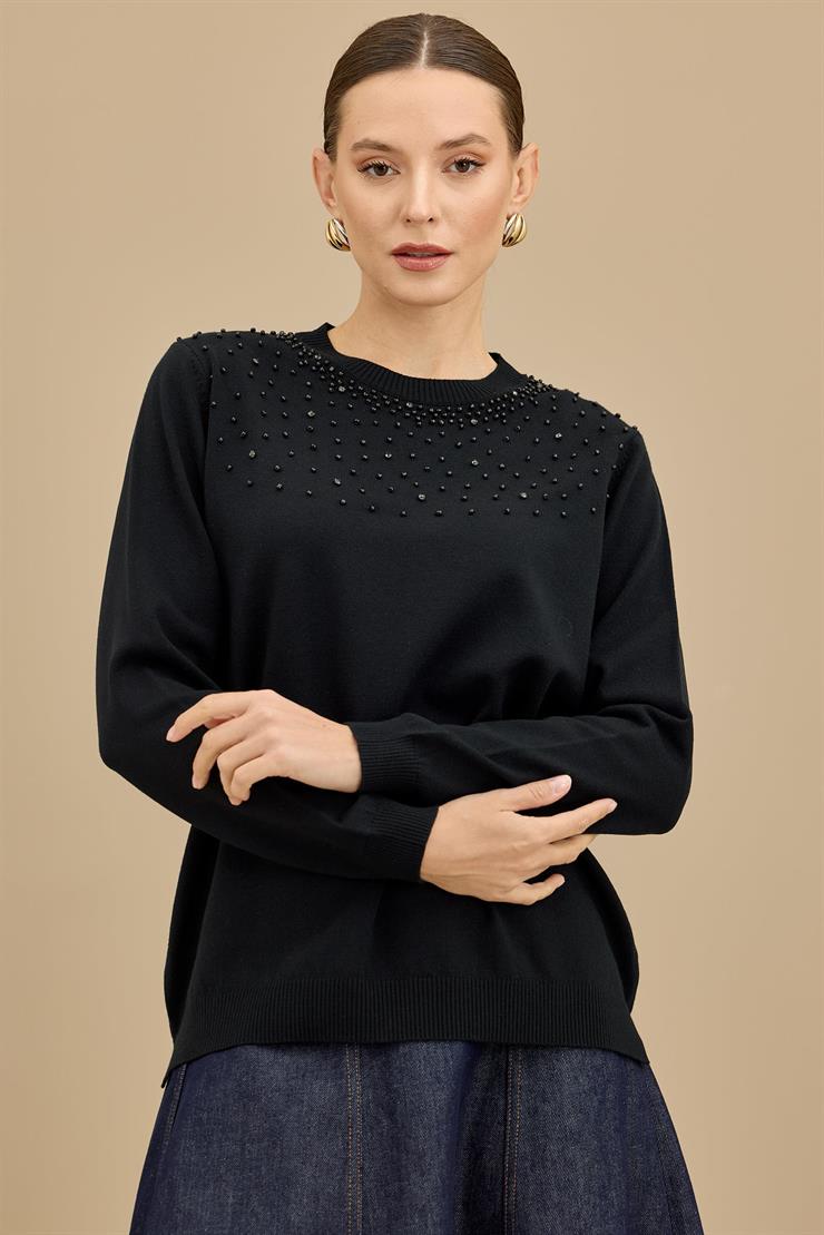 Boncuk İşlemeli Bluz SİYAH