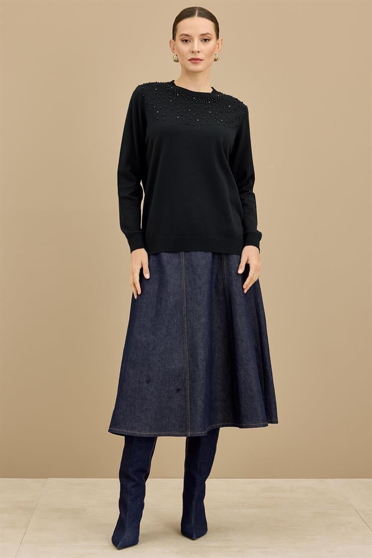 Boncuk İşlemeli Bluz SİYAH