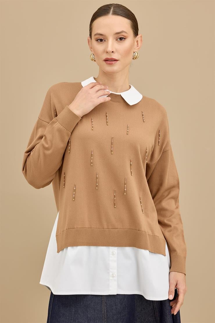 Boncuk İşlemeli Gömlek Detaylı Tunik CAMEL