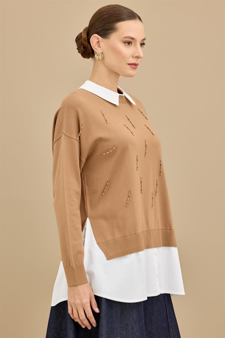 Boncuk İşlemeli Gömlek Detaylı Tunik CAMEL