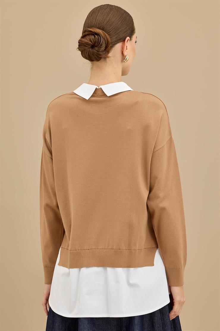 Boncuk İşlemeli Gömlek Detaylı Tunik CAMEL