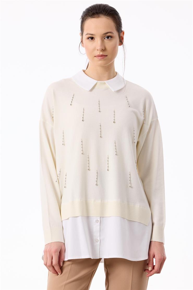 Boncuk İşlemeli Gömlek Detaylı Tunik EKRU