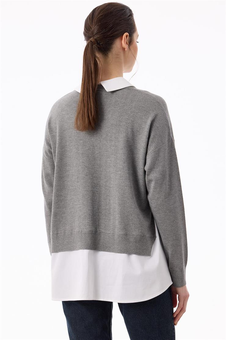 Boncuk İşlemeli Gömlek Detaylı Tunik GRİ