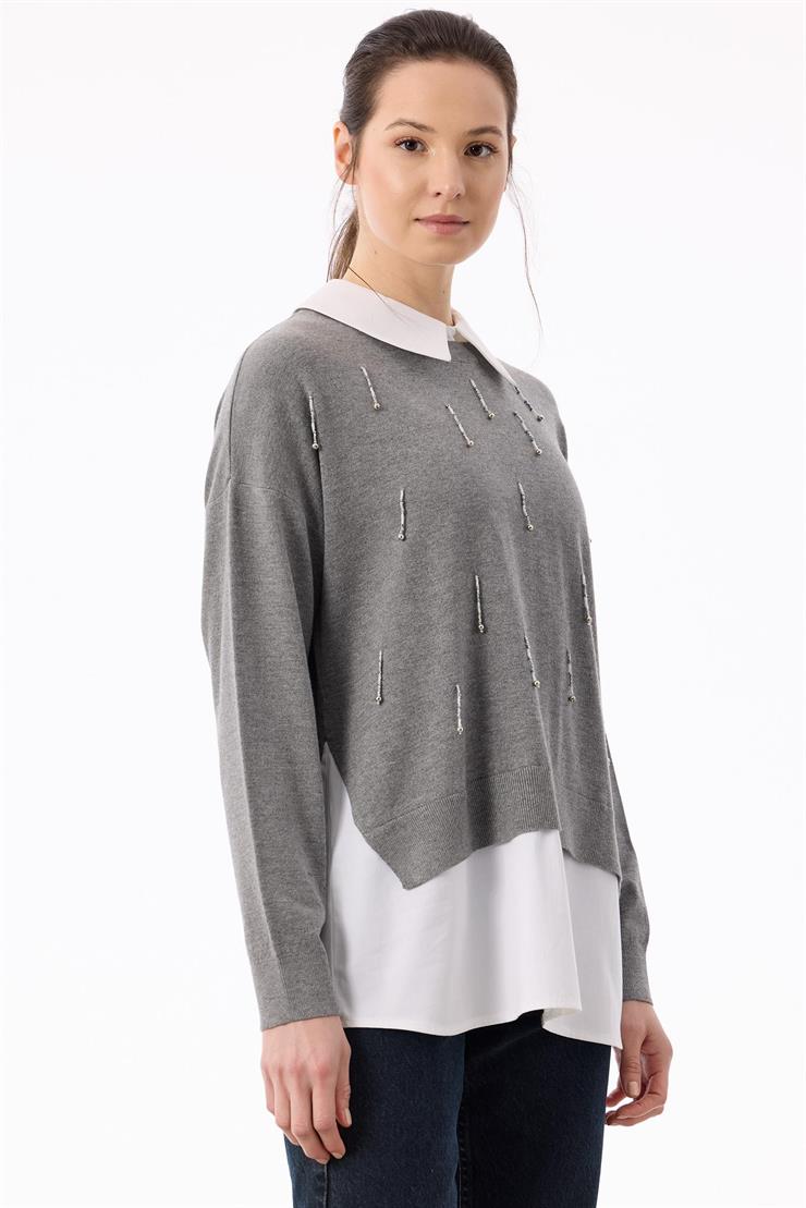 Boncuk İşlemeli Gömlek Detaylı Tunik GRİ