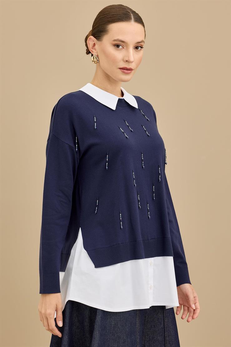 Boncuk İşlemeli Gömlek Detaylı Tunik LACİVERT