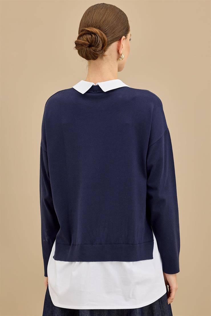 Boncuk İşlemeli Gömlek Detaylı Tunik LACİVERT