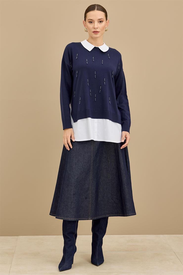 Boncuk İşlemeli Gömlek Detaylı Tunik LACİVERT