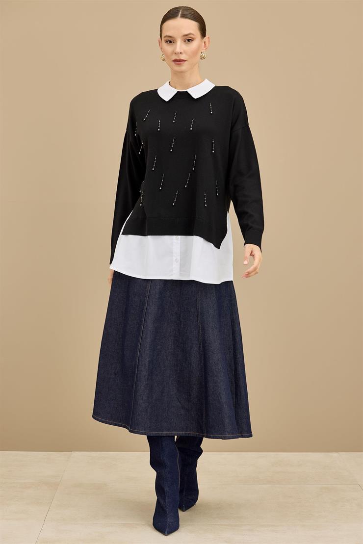 Boncuk İşlemeli Gömlek Detaylı Tunik SİYAH