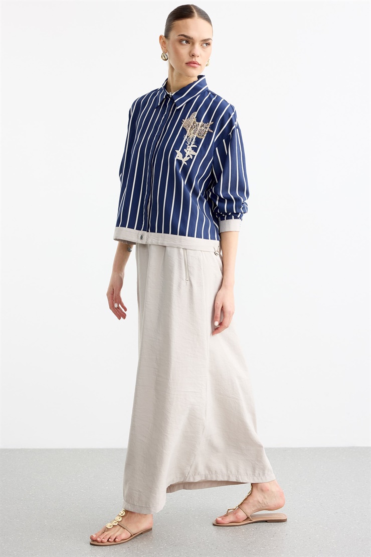 Boncuk Pul nakışlı Düz Garnili Gömlek Ve Fermuar Cepli Etek Takım LACİVERT