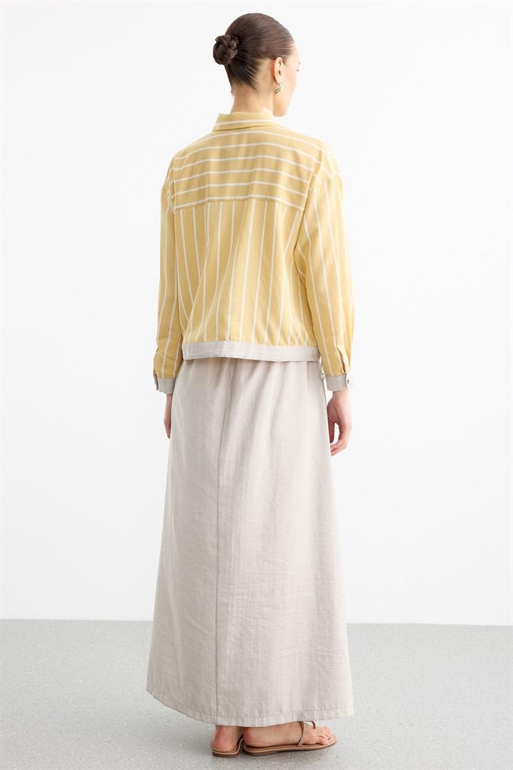 Boncuk Pul nakışlı Düz Garnili Gömlek Ve Fermuar Cepli Etek Takım SARI