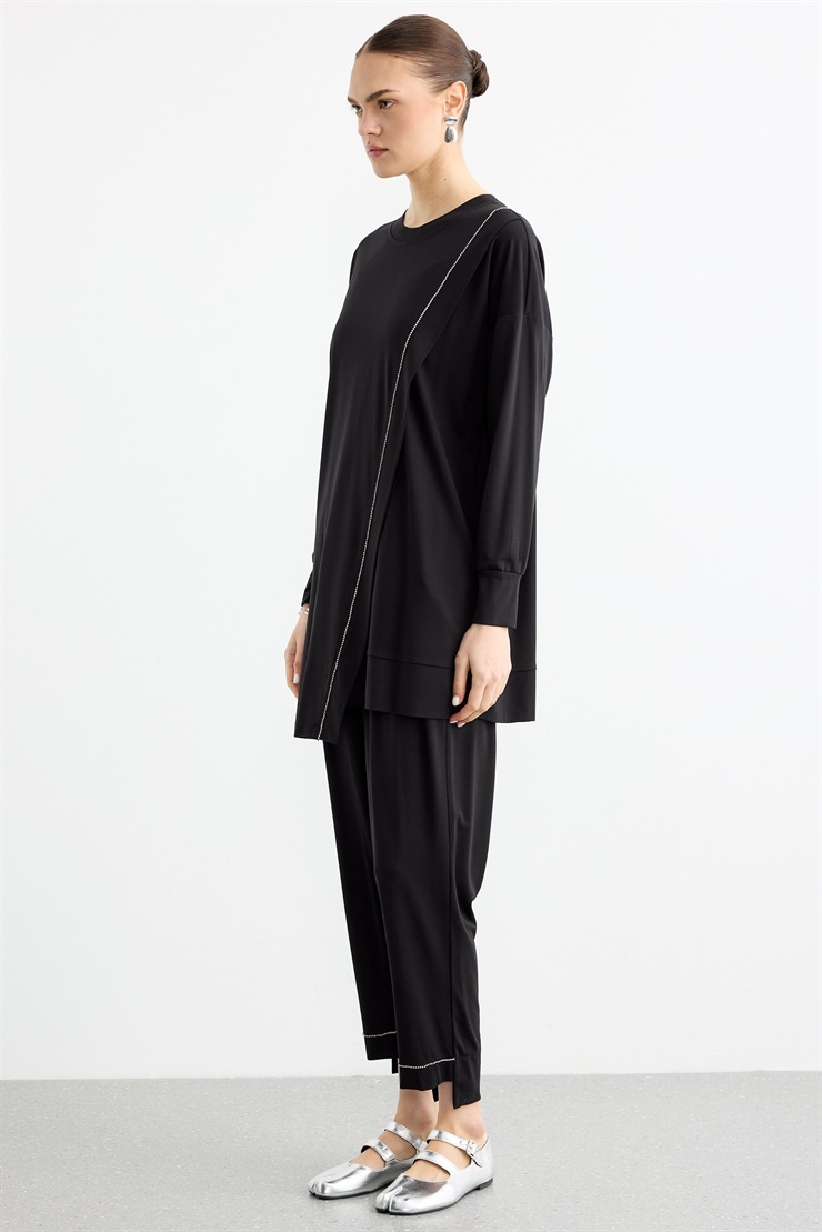 Çapraz Bantlı Tunik Kademeli Pantolon Takım SİYAH
