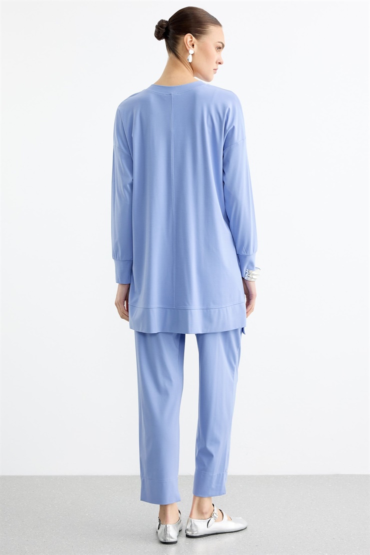 Çapraz Bantlı Tunik Kademeli Pantolon Takım MAVİ