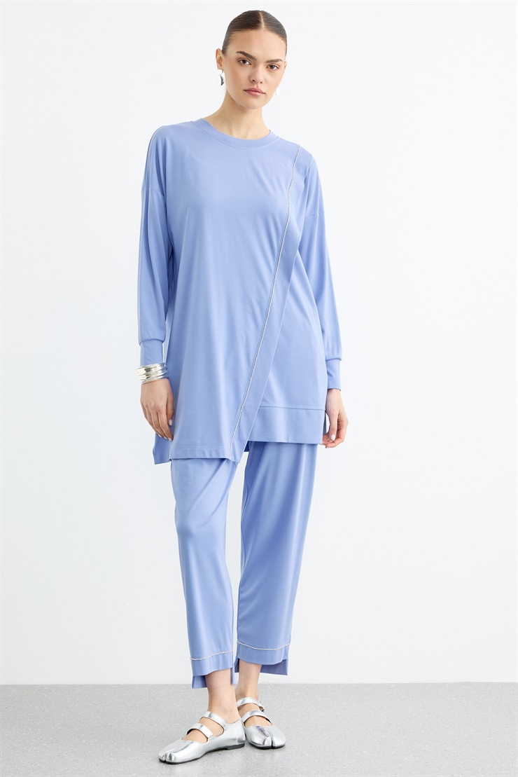 Çapraz Bantlı Tunik Kademeli Pantolon Takım MAVİ