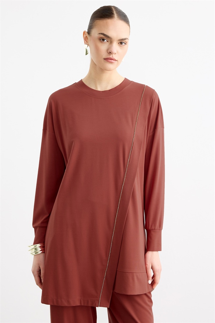 Çapraz Bantlı Tunik Kademeli Pantolon Takım KİREMİT