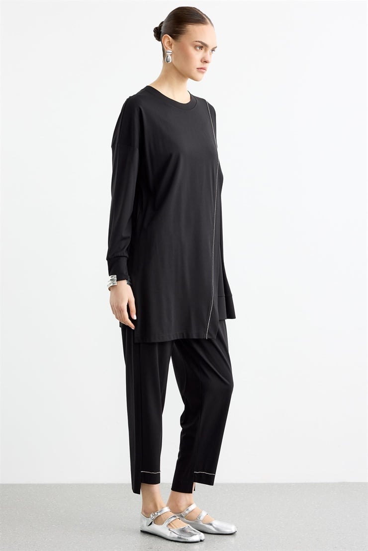 Çapraz Bantlı Tunik Kademeli Pantolon Takım SİYAH