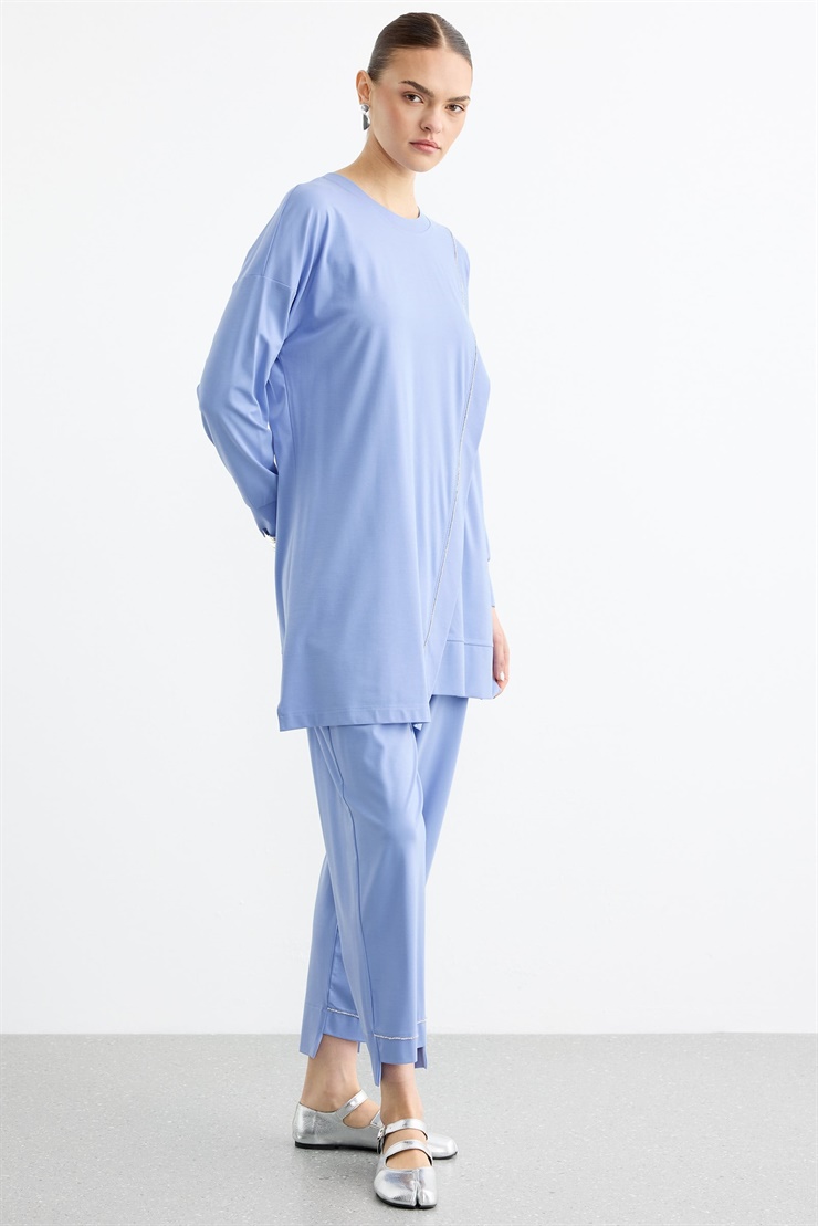 Çapraz Bantlı Tunik Kademeli Pantolon Takım MAVİ