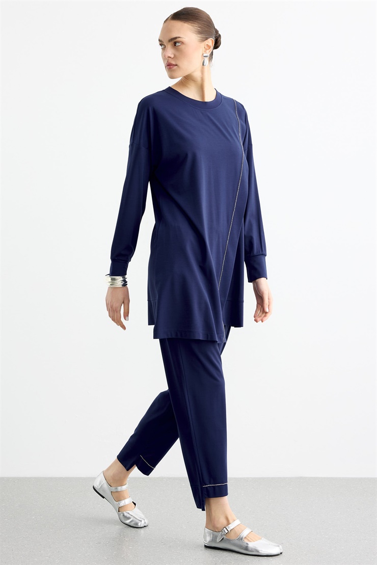 Çapraz Bantlı Tunik Kademeli Pantolon Takım LACİVERT