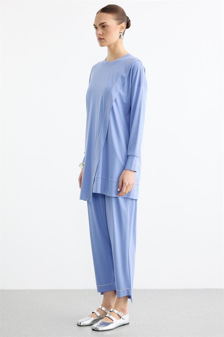 Çapraz Bantlı Tunik Kademeli Pantolon Takım MAVİ