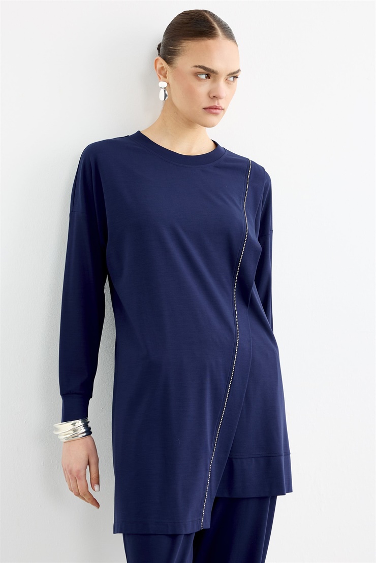 Çapraz Bantlı Tunik Kademeli Pantolon Takım LACİVERT