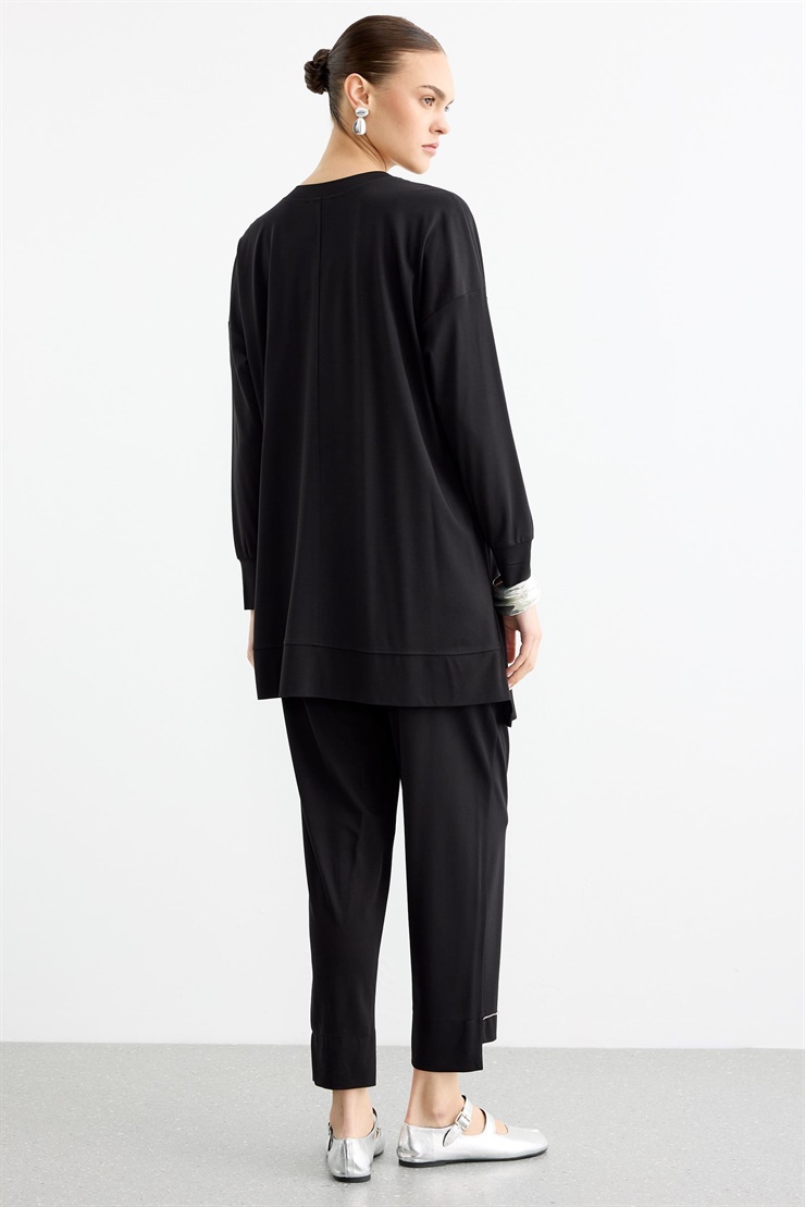 Çapraz Bantlı Tunik Kademeli Pantolon Takım SİYAH