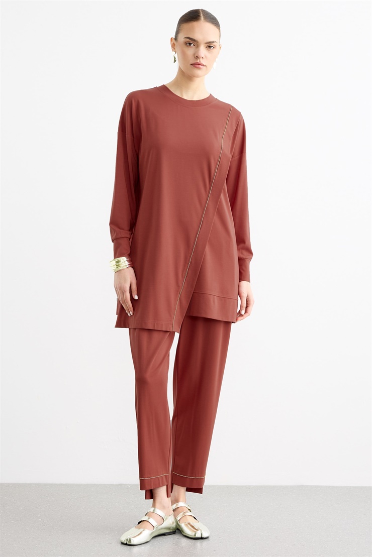 Çapraz Bantlı Tunik Kademeli Pantolon Takım KİREMİT