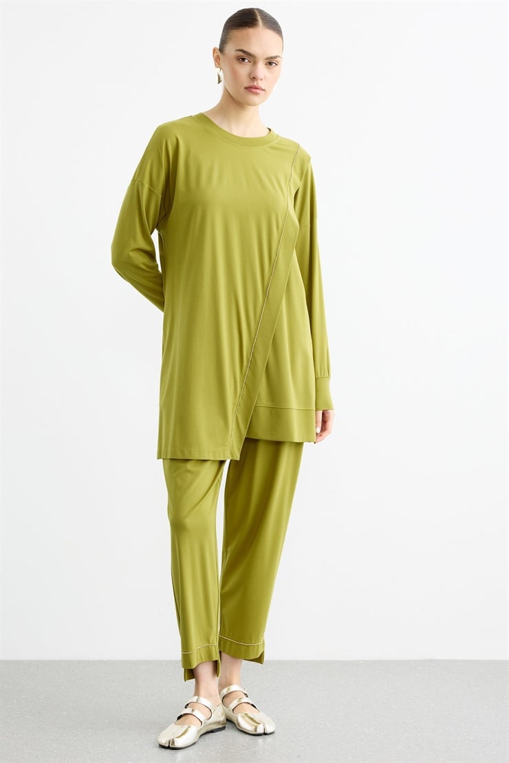 Çapraz Bantlı Tunik Kademeli Pantolon Takım YEŞİL