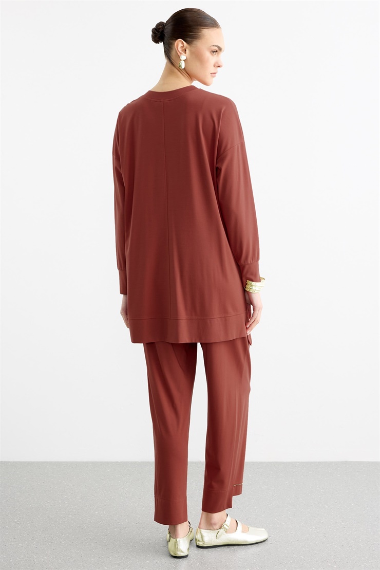 Çapraz Bantlı Tunik Kademeli Pantolon Takım KİREMİT