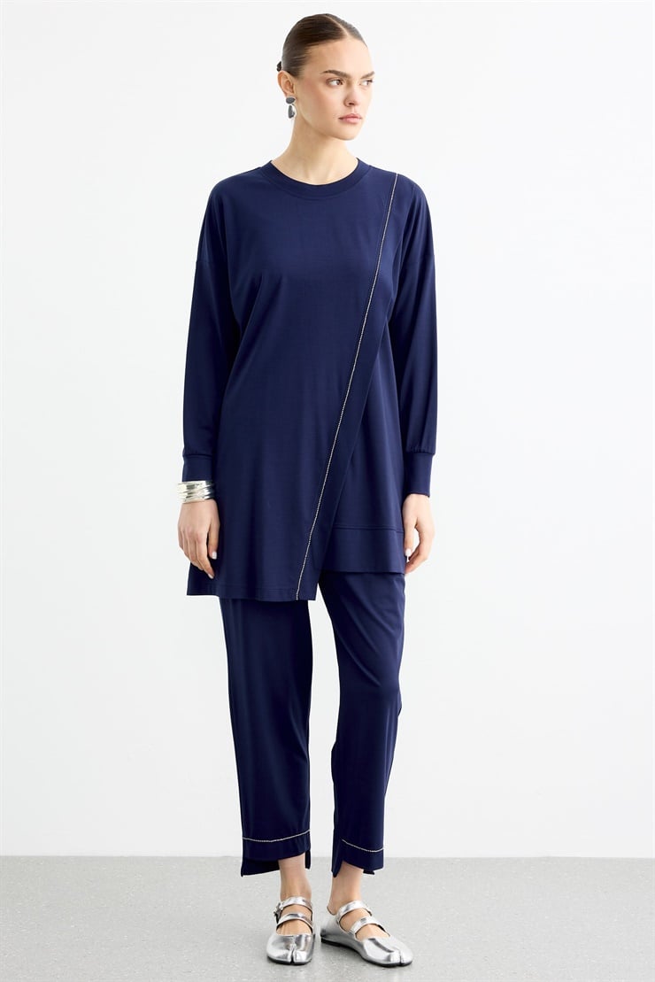 Çapraz Bantlı Tunik Kademeli Pantolon Takım LACİVERT
