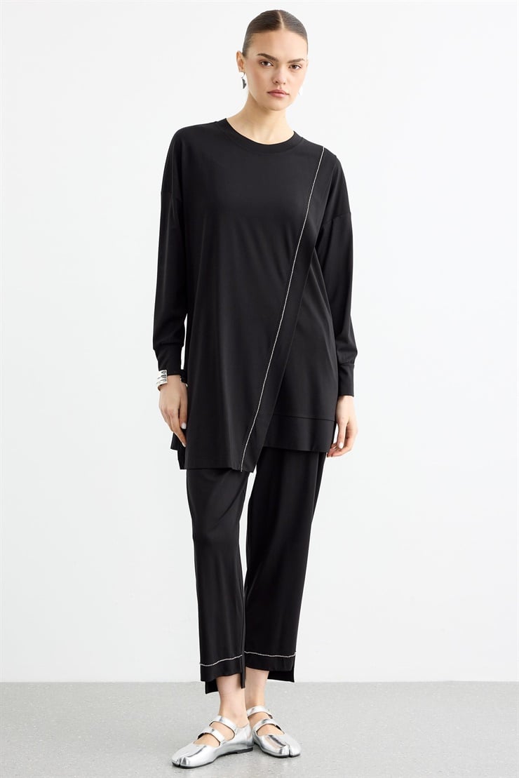Çapraz Bantlı Tunik Kademeli Pantolon Takım SİYAH