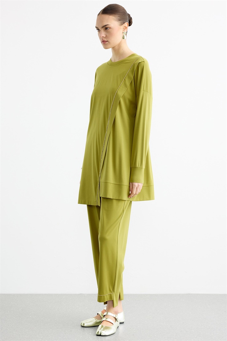 Çapraz Bantlı Tunik Kademeli Pantolon Takım YEŞİL