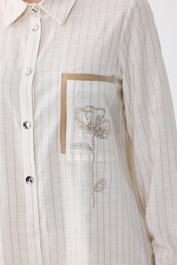 Cebi Çiçek Nakışlı Gömlek BEJ