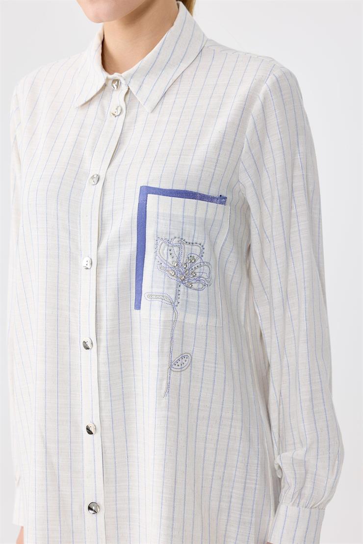 Cebi Çiçek Nakışlı Gömlek MAVİ