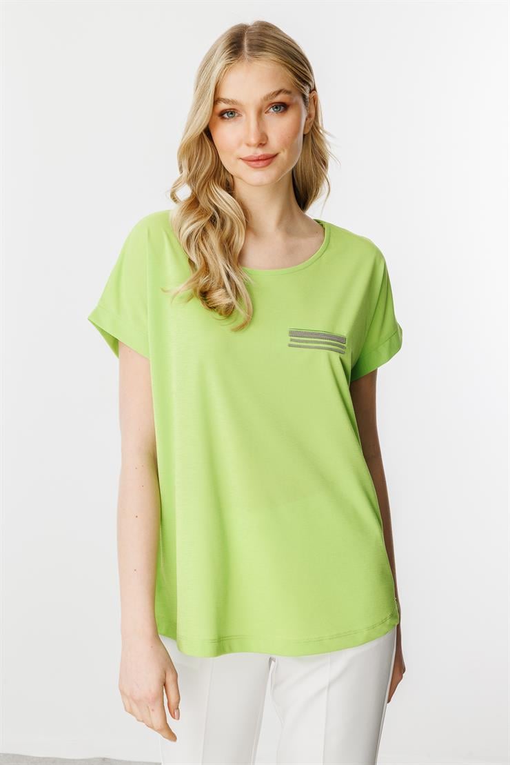 Cep Detaylı Kısa Kol Bluz-Yesil