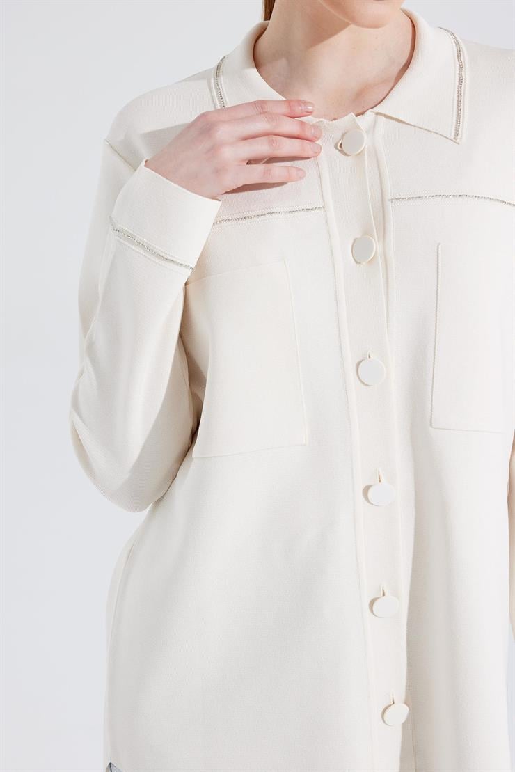 Cep Detaylı Polo Yakalı Rayon Triko Hırka EKRU