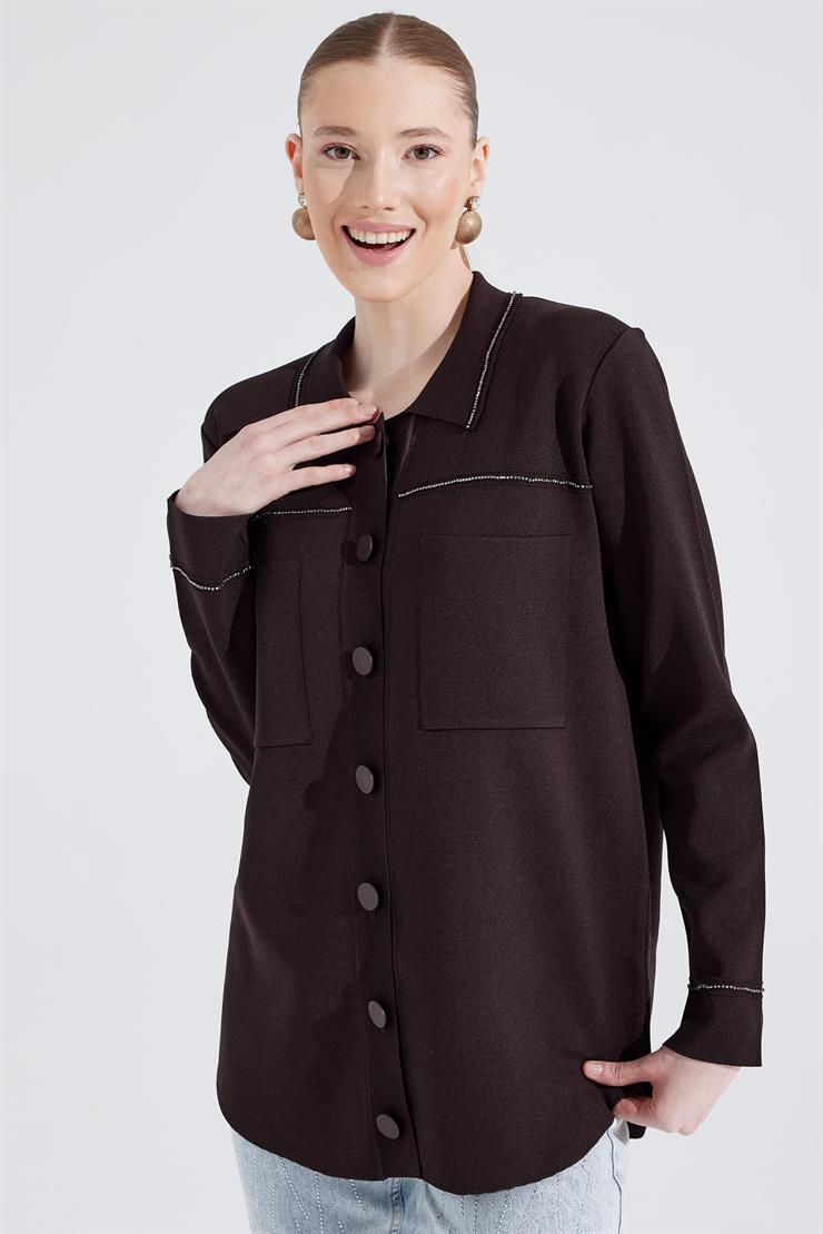 Cep Detaylı Polo Yakalı Rayon Triko Hırka KAHVE