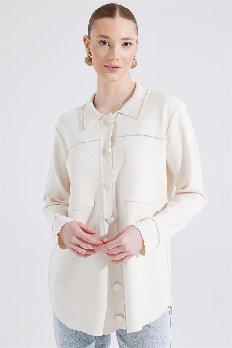 Cep Detaylı Polo Yakalı Rayon Triko Hırka EKRU