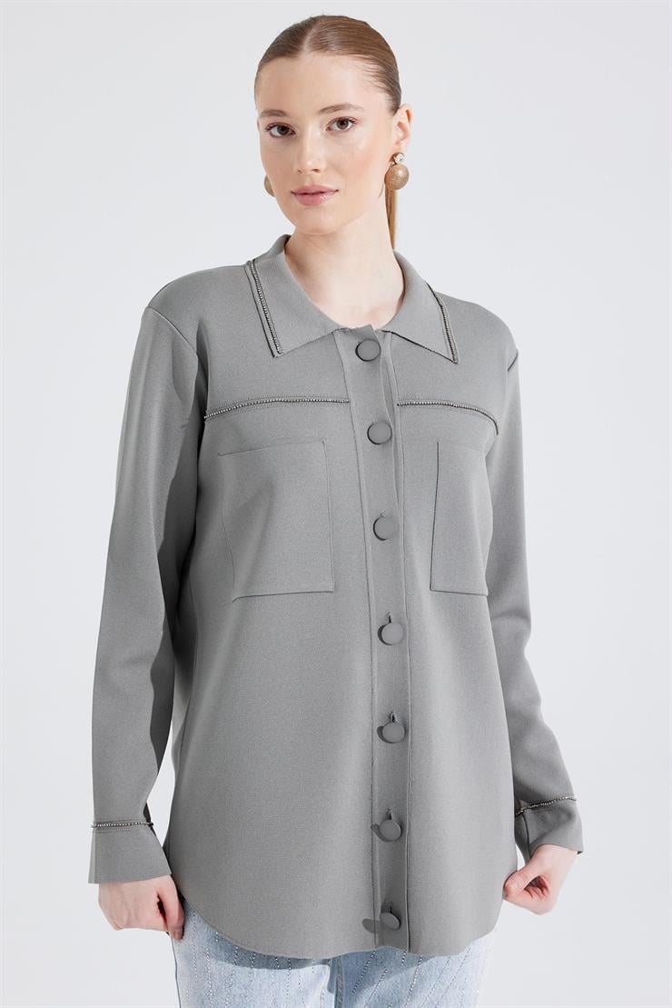 Cep Detaylı Polo Yakalı Rayon Triko Hırka GRİ