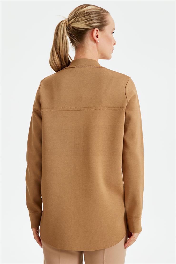 Cep Detaylı Polo Yakalı Rayon Triko Hırka CAMEL