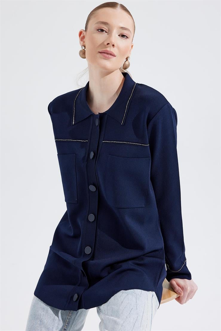 Cep Detaylı Polo Yakalı Rayon Triko Hırka LACİVERT