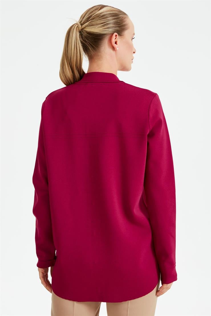 Cep Detaylı Polo Yakalı Rayon Triko Hırka FUŞYA