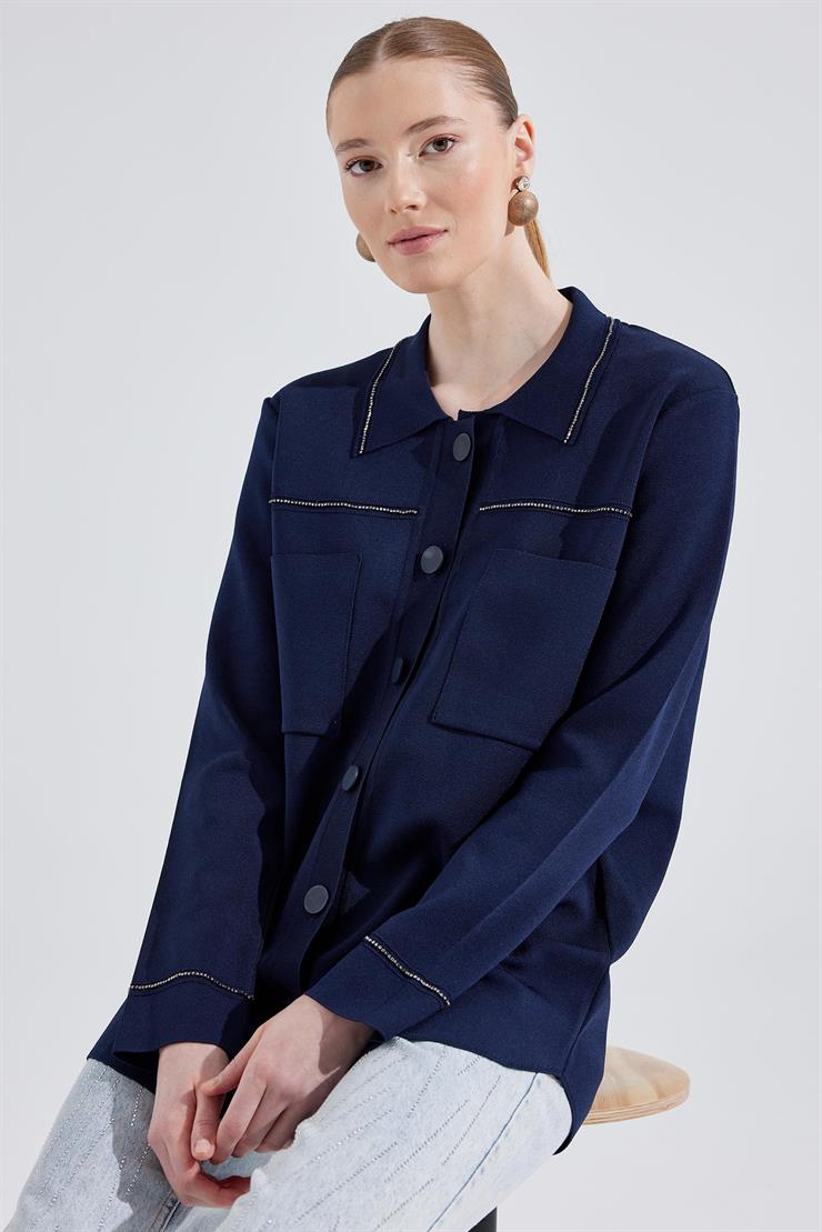 Cep Detaylı Polo Yakalı Rayon Triko Hırka LACİVERT