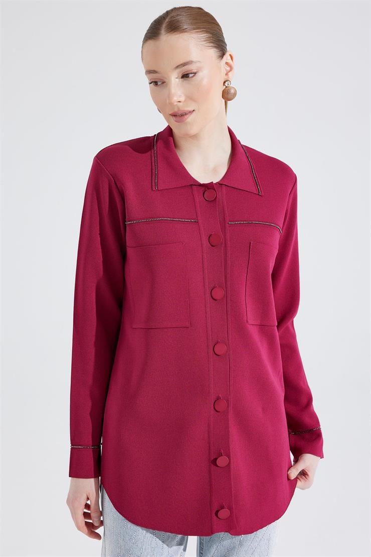 Cep Detaylı Polo Yakalı Rayon Triko Hırka FUŞYA