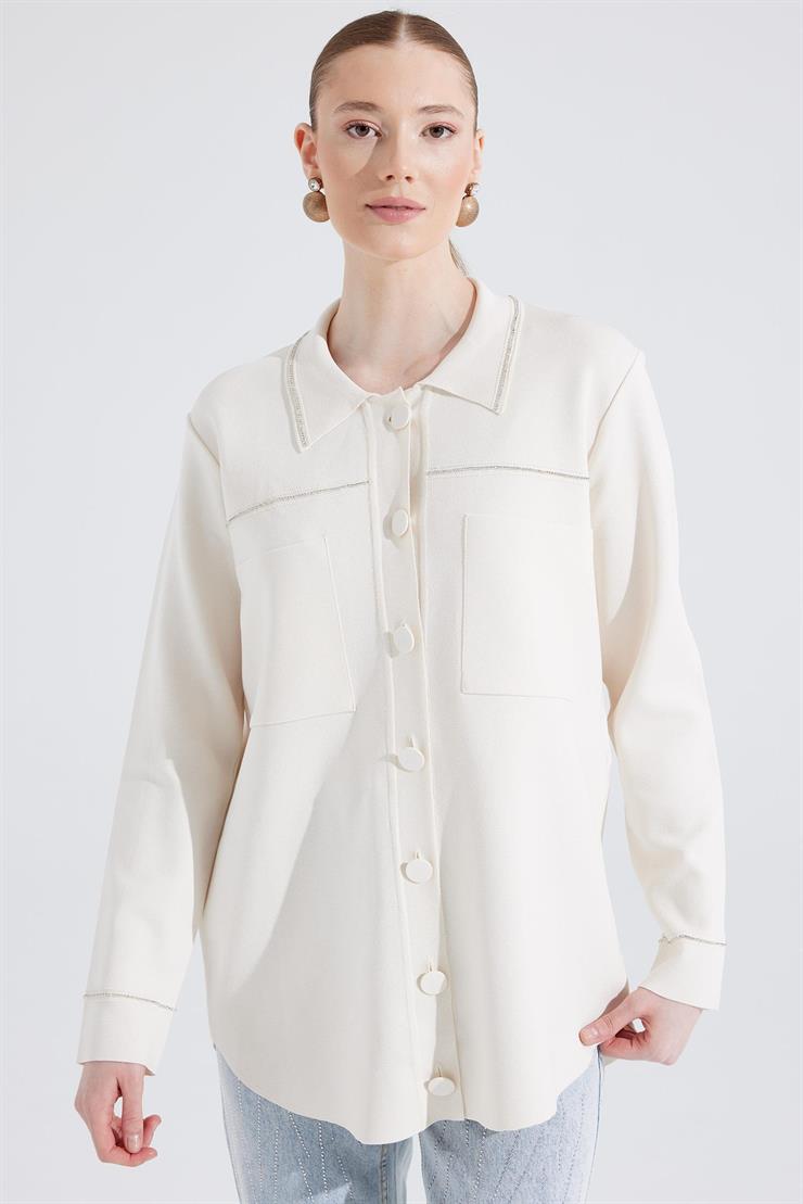 Cep Detaylı Polo Yakalı Rayon Triko Hırka EKRU