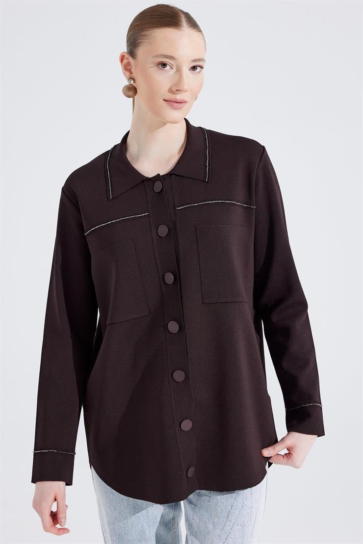 Cep Detaylı Polo Yakalı Rayon Triko Hırka KAHVE